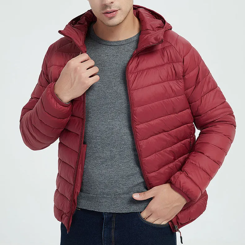 Men's lightweight hooded coat in solid colour with zipper closure, nylon outer, available in multiple colours