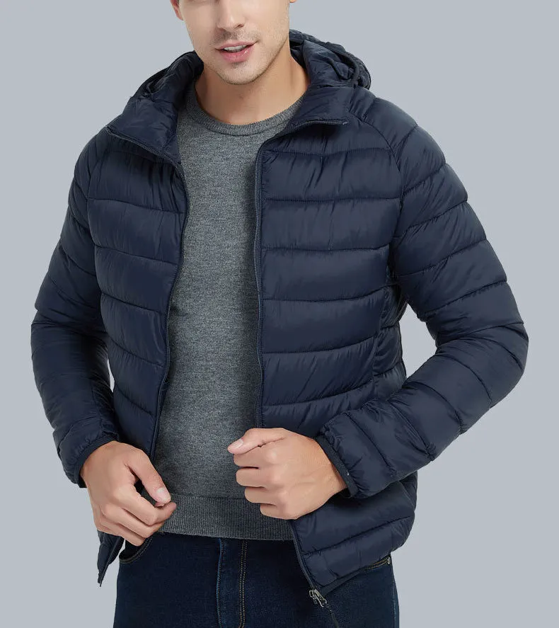 Men's lightweight hooded coat in solid colour with zipper closure, nylon outer, available in multiple colours
