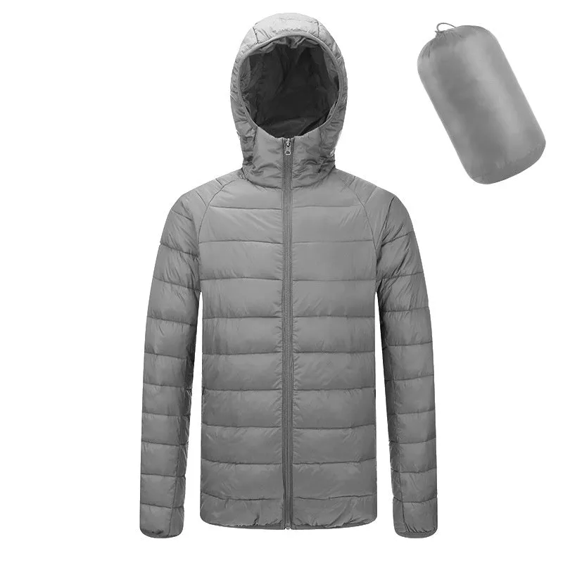 Men's lightweight hooded coat in solid colour with zipper closure, nylon outer, available in multiple colours