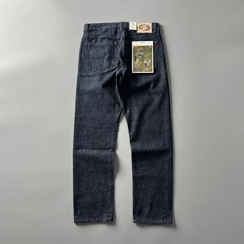 Men's straight leg trousers in cotton denim with American retro styling and mid-rise waist