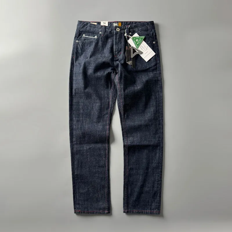 Men's straight leg trousers in cotton denim with American retro styling and mid-rise waist