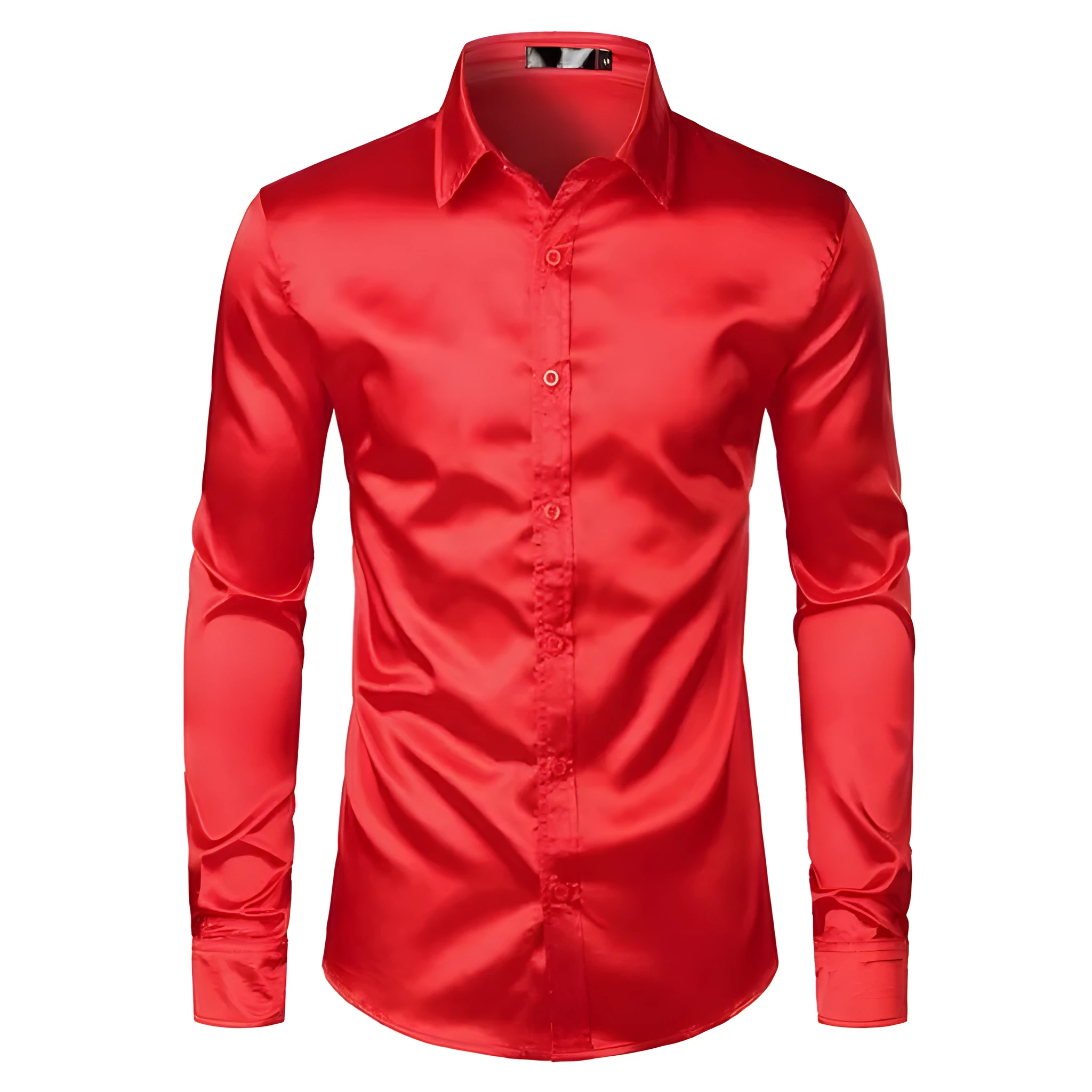 Men's black satin dress shirt with long sleeves and pointed collar on a plain background