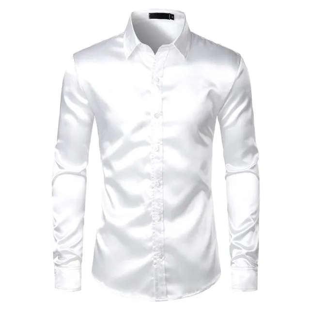 Men's black satin dress shirt with long sleeves and pointed collar on a plain background