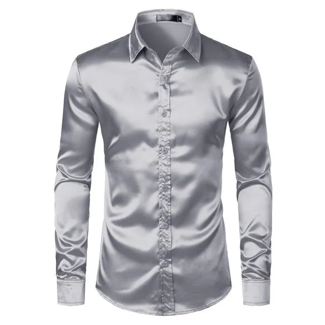 Men's black satin dress shirt with long sleeves and pointed collar on a plain background