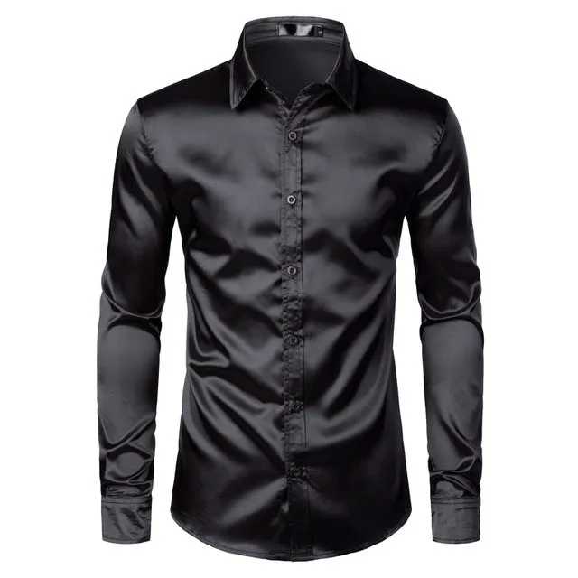 Men's black satin dress shirt with long sleeves and pointed collar on a plain background