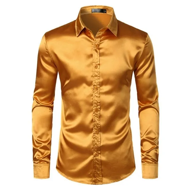 Men's black satin dress shirt with long sleeves and pointed collar on a plain background