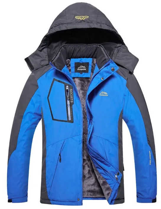 Men's harsh winter jacket in red with fleece lining, fur collar, and waterproof polyester shell
