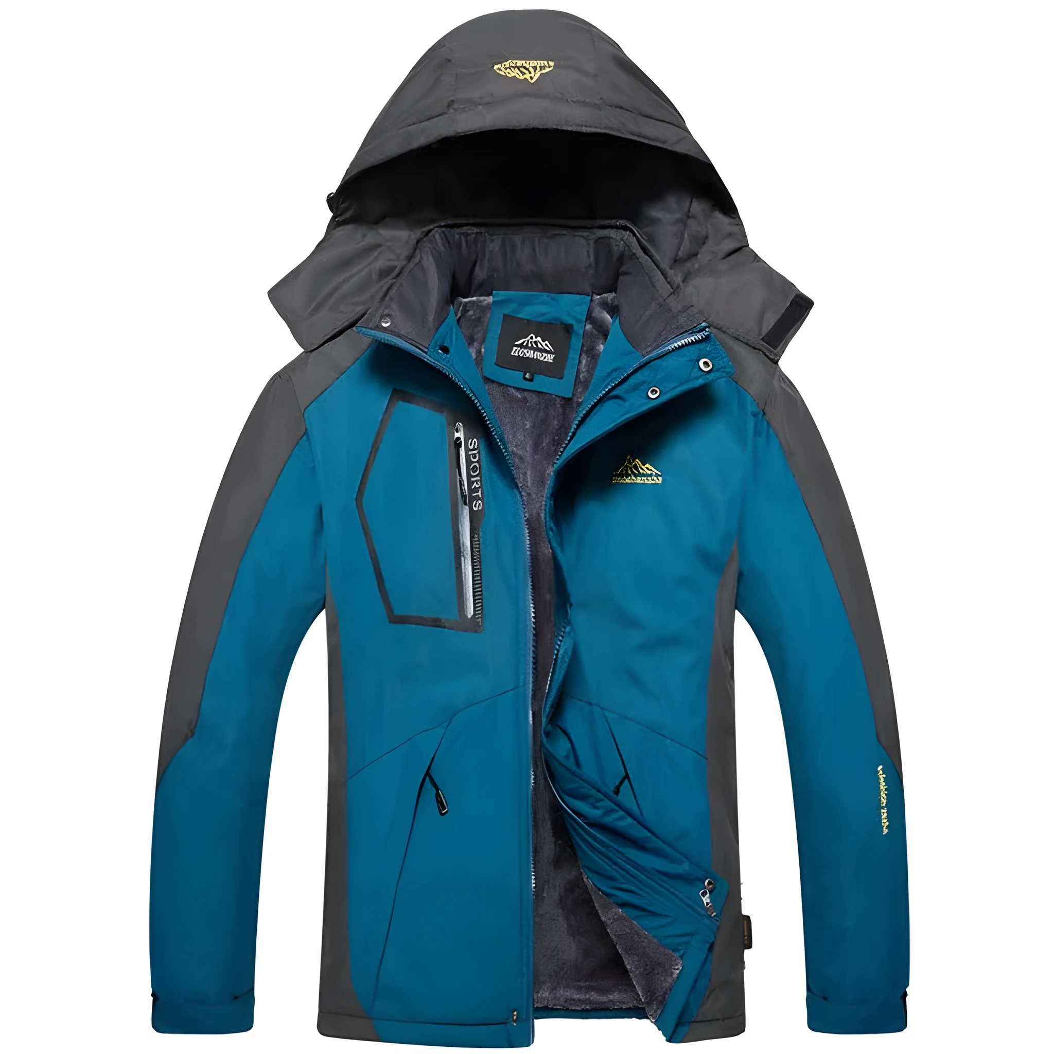 Men's harsh winter jacket in red with fleece lining, fur collar, and waterproof polyester shell
