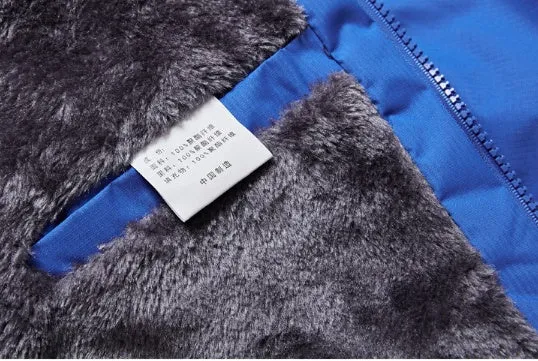 Men's harsh winter jacket in red with fleece lining, fur collar, and waterproof polyester shell
