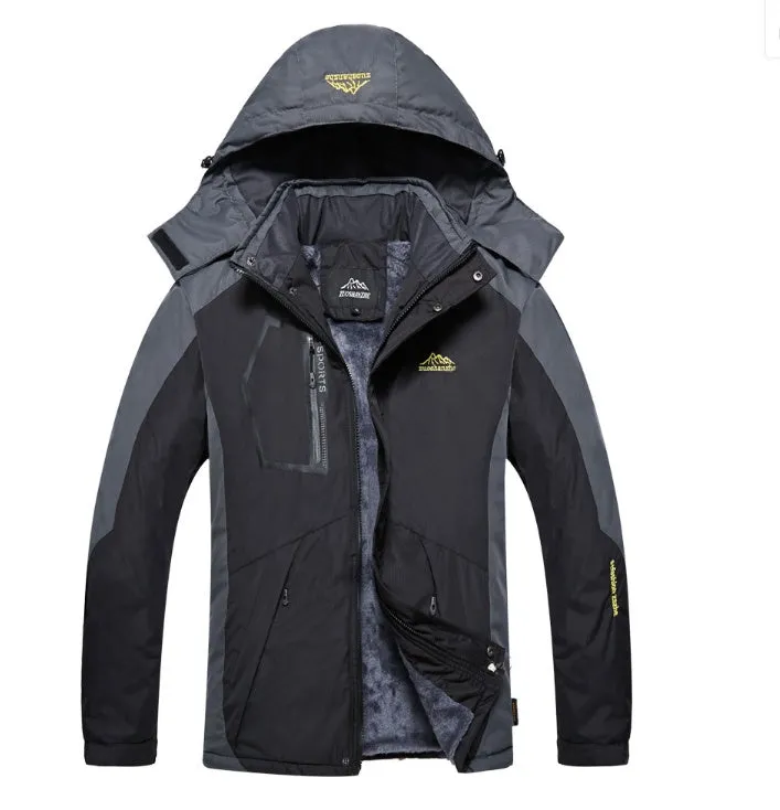 Men's harsh winter jacket in red with fleece lining, fur collar, and waterproof polyester shell