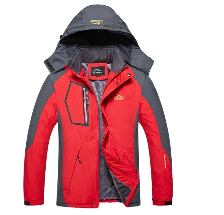 Men's harsh winter jacket in red with fleece lining, fur collar, and waterproof polyester shell