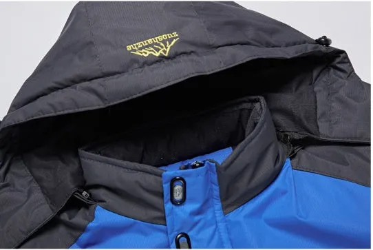Men's harsh winter jacket in red with fleece lining, fur collar, and waterproof polyester shell