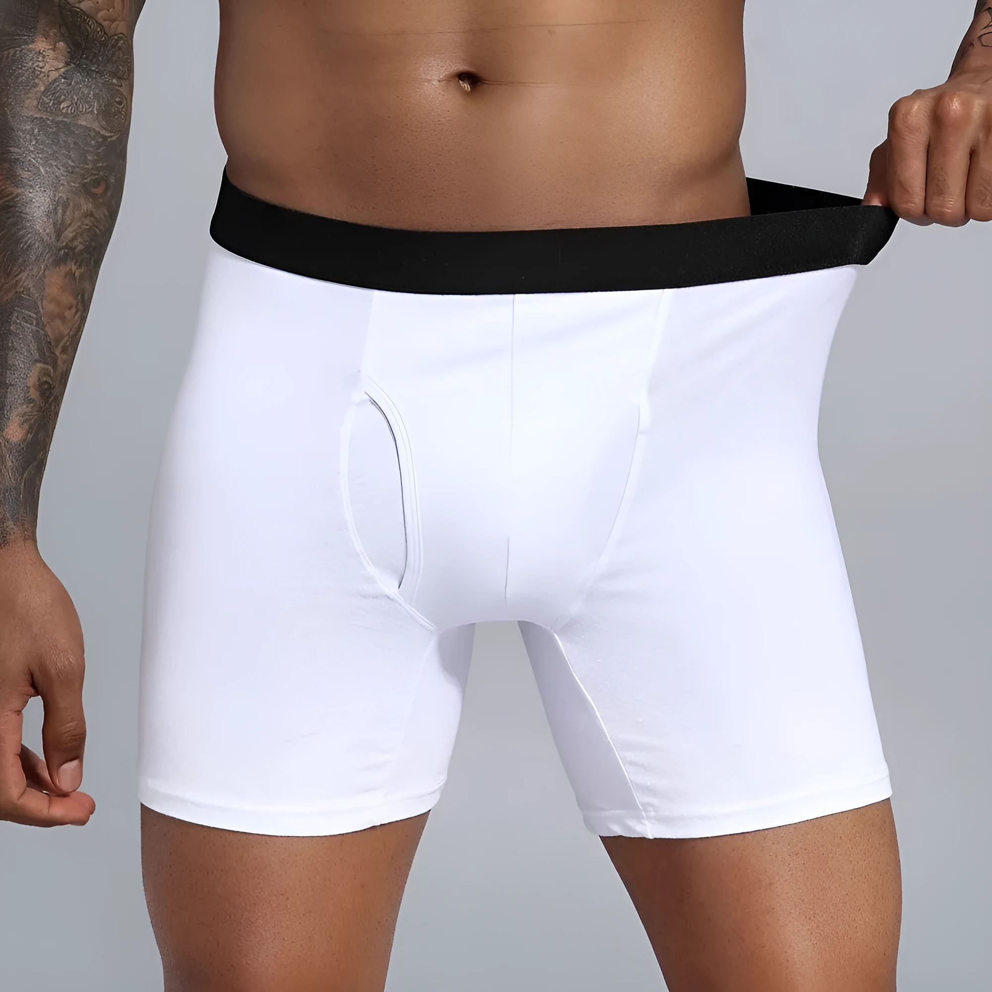 Men's cotton low-waist hip-lifting boxer shorts in dark blue, front view