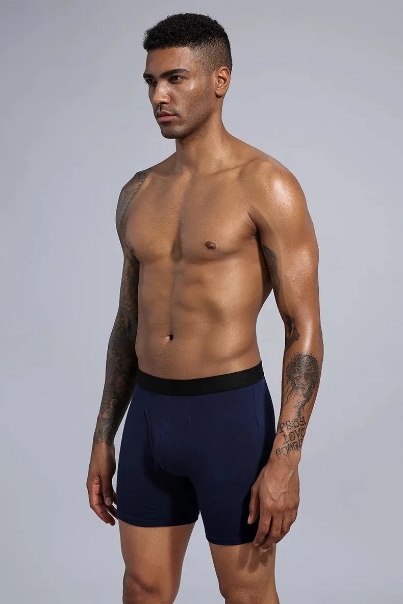 Men's cotton low-waist hip-lifting boxer shorts in dark blue, front view