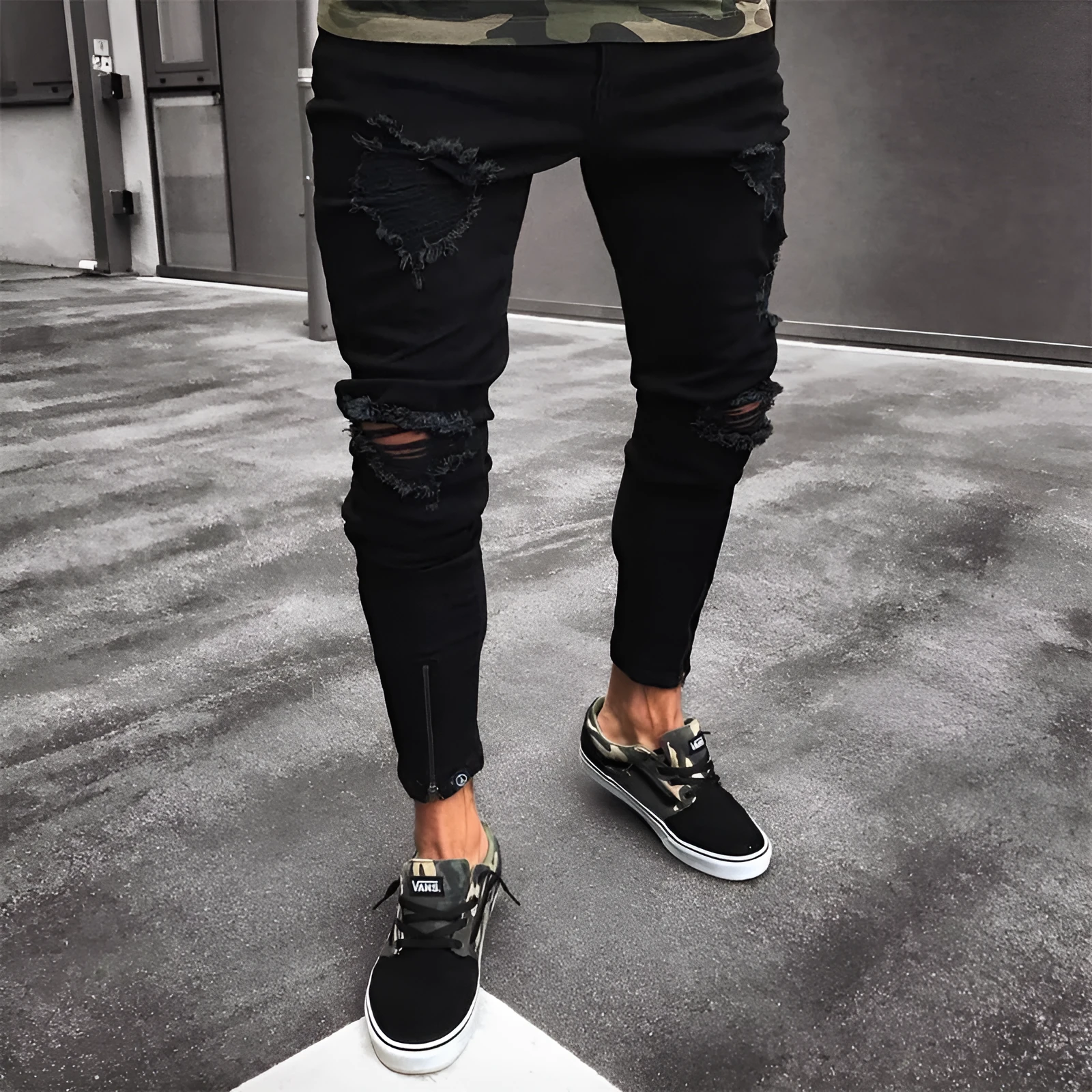 Blue streetwear ripped jeans with distressed finish on legs, straight-leg high-waist design, size S to 4XL