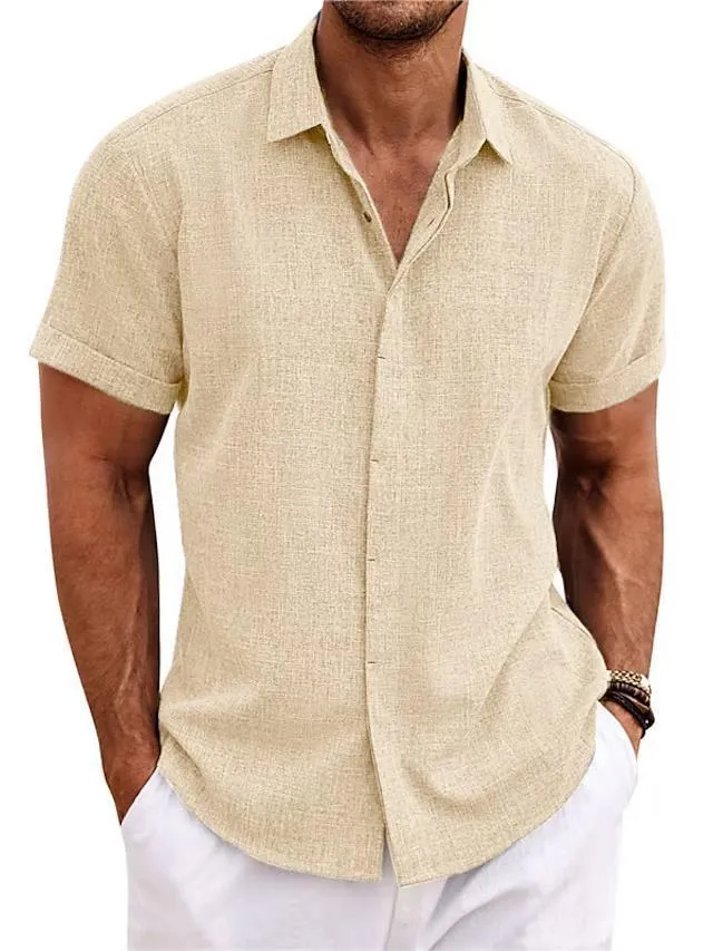 Men's loose short-sleeved solid colour polyester T-shirt with standing collar in apricot colour