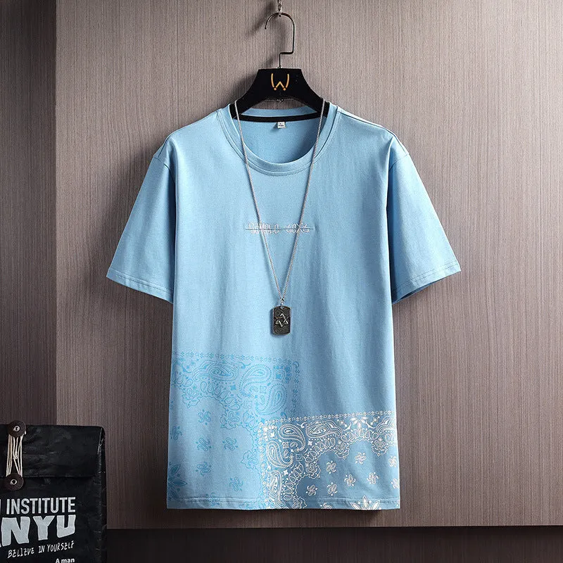 Men's loose fit short-sleeve round neck T-shirt with geometric print in black colour option