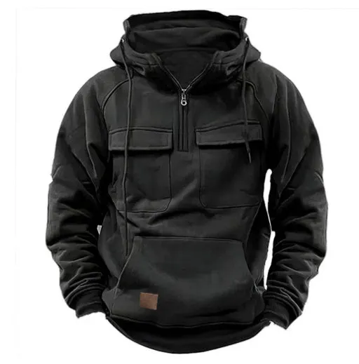 Men's drawstring hoodie sweatshirt in thick polyester with front pocket, available in black