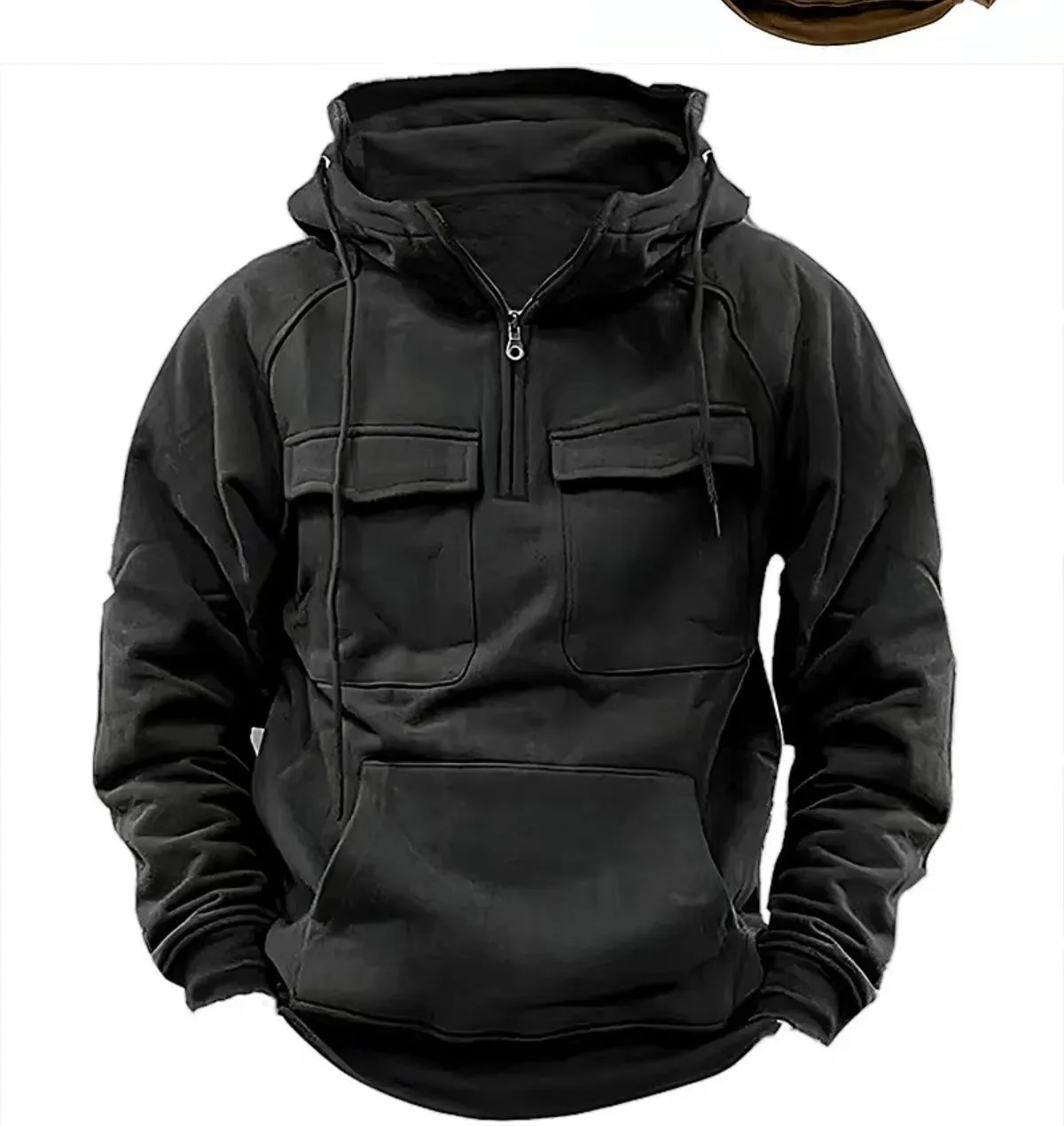 Men's drawstring hoodie sweatshirt in thick polyester with front pocket, available in black