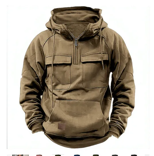 Men's drawstring hoodie sweatshirt in thick polyester with front pocket, available in black