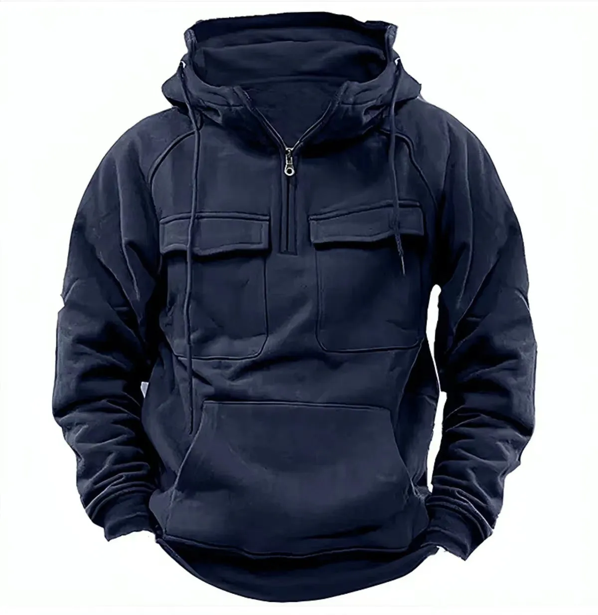 Men's drawstring hoodie sweatshirt in thick polyester with front pocket, available in black