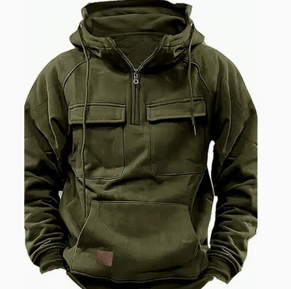 Men's drawstring hoodie sweatshirt in thick polyester with front pocket, available in black