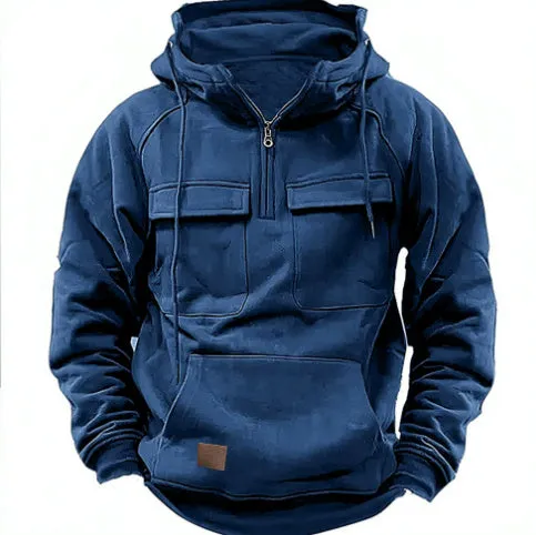 Men's drawstring hoodie sweatshirt in thick polyester with front pocket, available in black