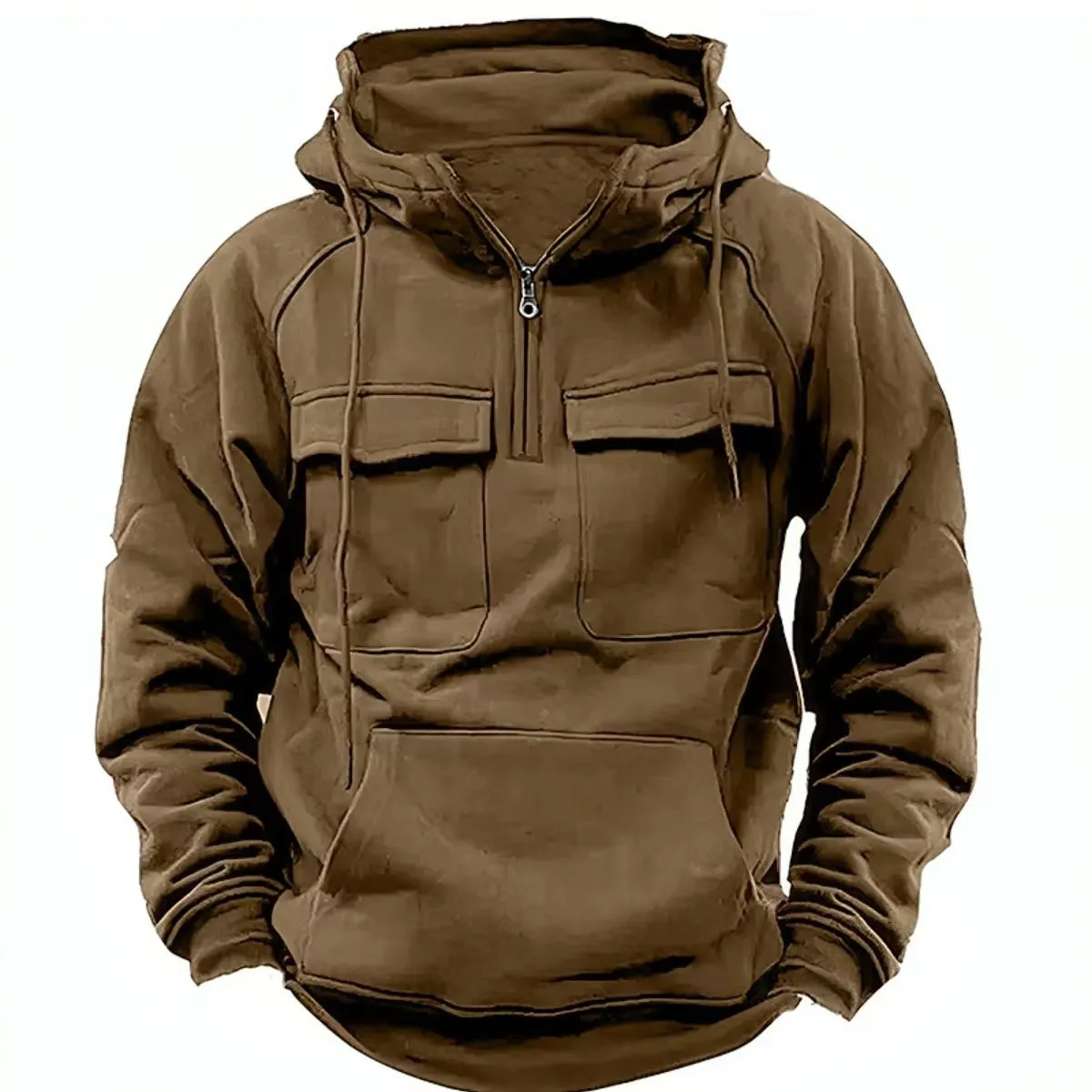 Men's drawstring hoodie sweatshirt in thick polyester with front pocket, available in black