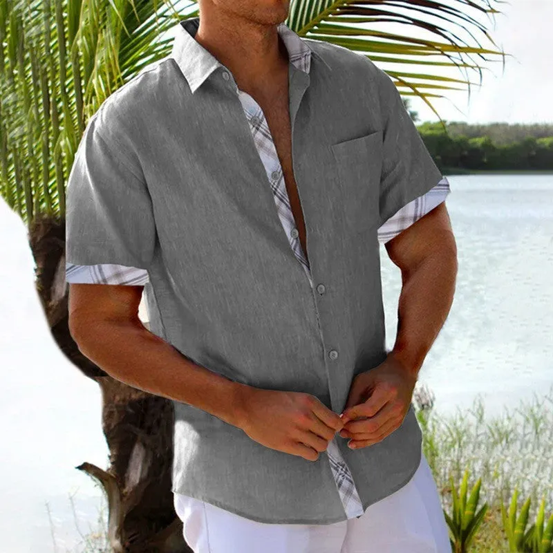 Mens polyester short sleeve cardigan shirt with plaid side panels, solid colour body, summer wear