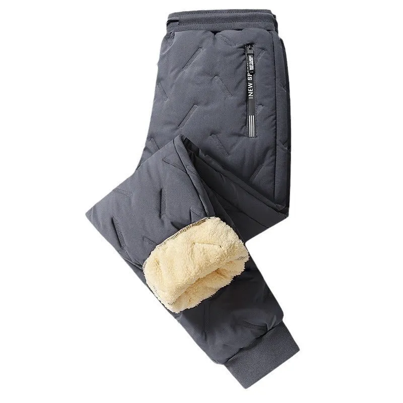 Men's winter fleece sweatpants in black straight-leg style with thick lambswool lining and elastic fabric