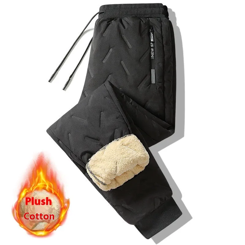 Men's winter fleece sweatpants in black straight-leg style with thick lambswool lining and elastic fabric