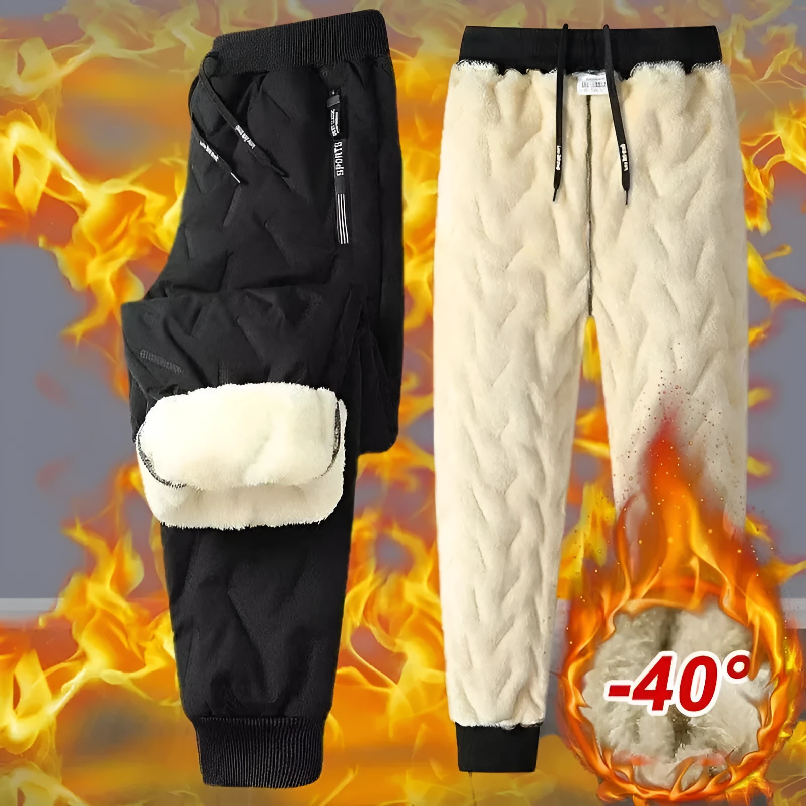 Men's winter fleece sweatpants in black straight-leg style with thick lambswool lining and elastic fabric