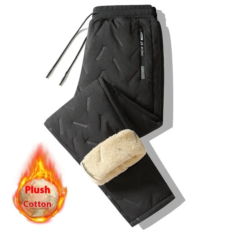 Men's winter fleece sweatpants in black straight-leg style with thick lambswool lining and elastic fabric
