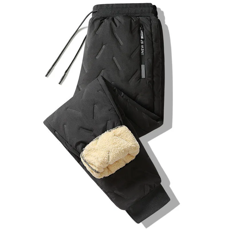Men's winter fleece sweatpants in black straight-leg style with thick lambswool lining and elastic fabric