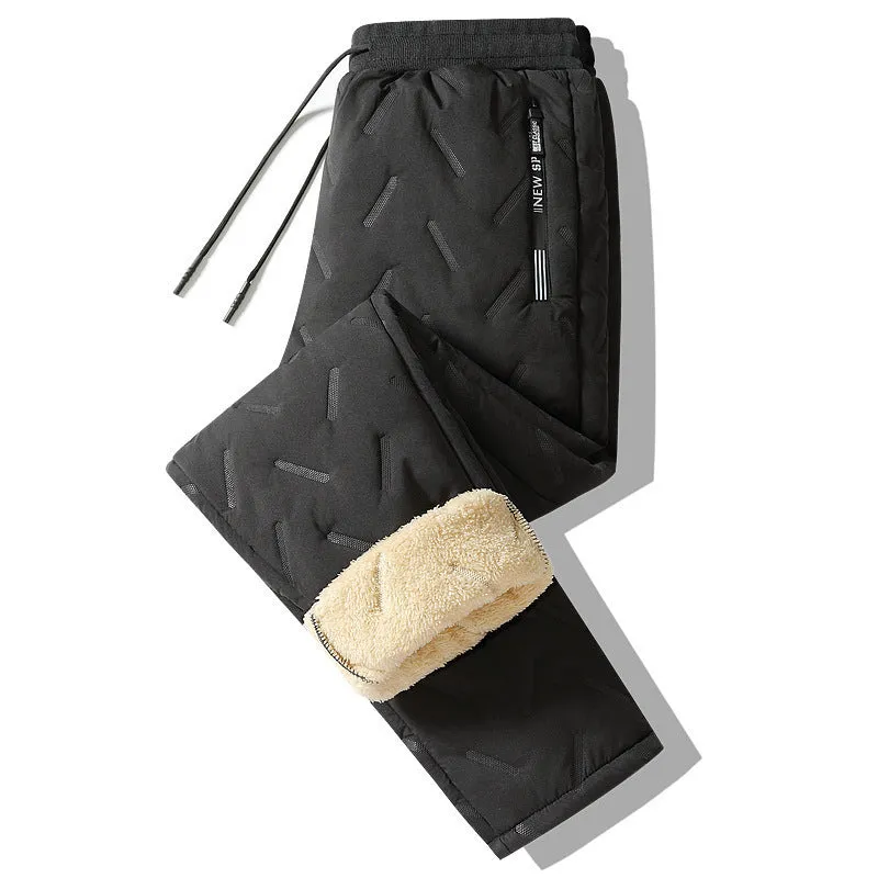 Men's winter fleece sweatpants in black straight-leg style with thick lambswool lining and elastic fabric
