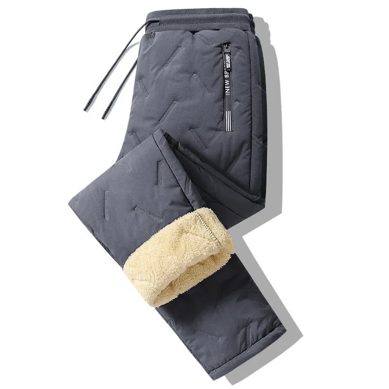 Men's winter fleece sweatpants in black straight-leg style with thick lambswool lining and elastic fabric