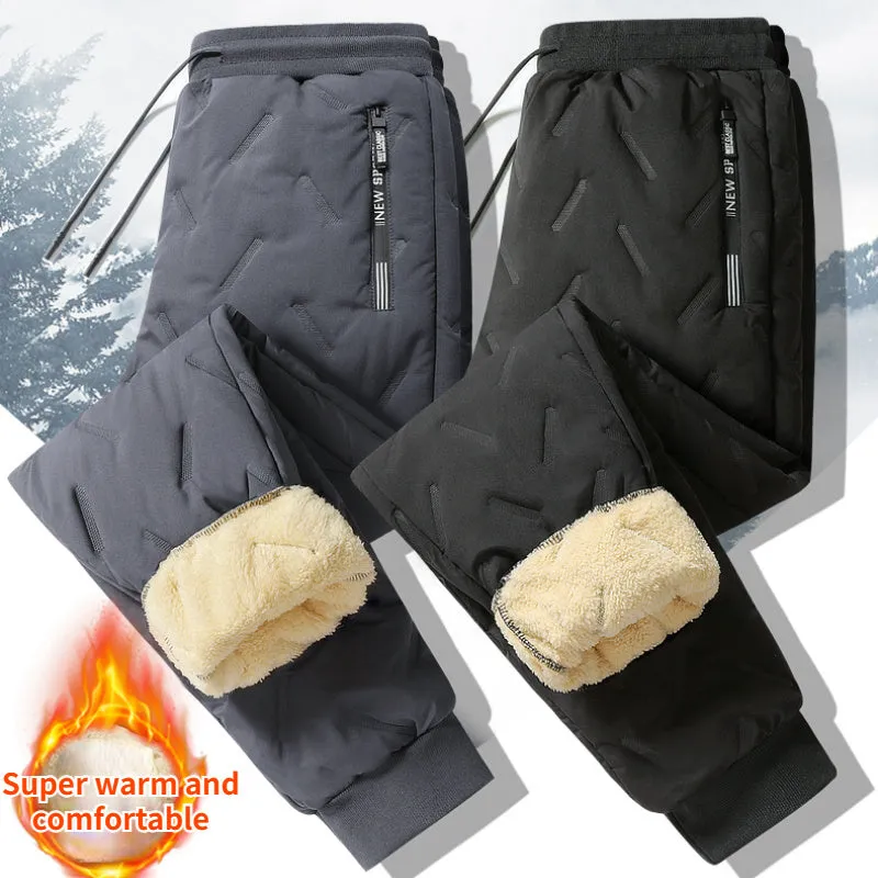 Men's winter fleece sweatpants in black straight-leg style with thick lambswool lining and elastic fabric