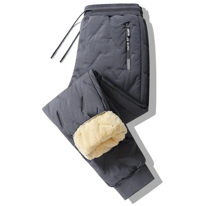 Men's winter fleece sweatpants in black straight-leg style with thick lambswool lining and elastic fabric