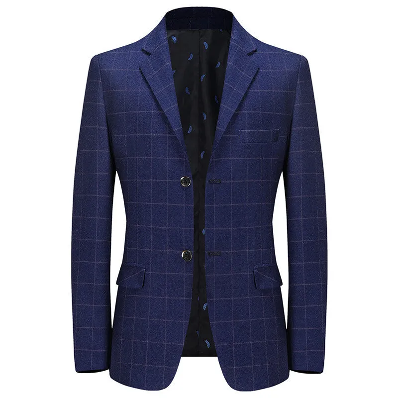 Men's plaid leisure suit coat, loose fit, dimensional patch pocket, long sleeves, blue colour, front view