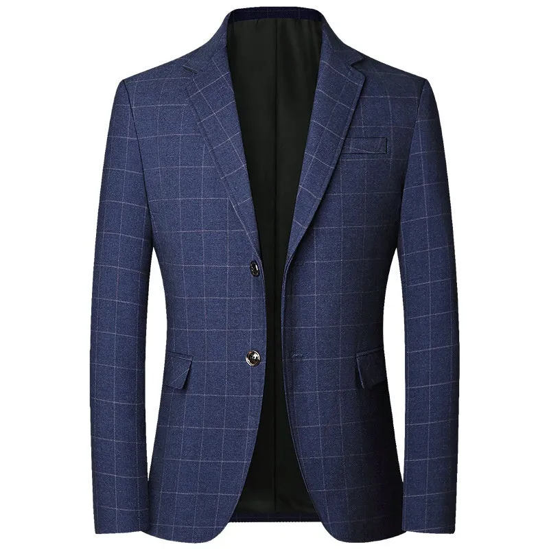 Men's plaid leisure suit coat, loose fit, dimensional patch pocket, long sleeves, blue colour, front view