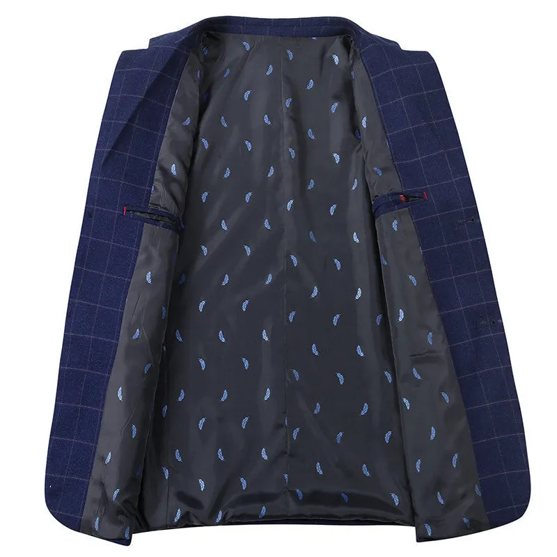 Men's plaid leisure suit coat, loose fit, dimensional patch pocket, long sleeves, blue colour, front view