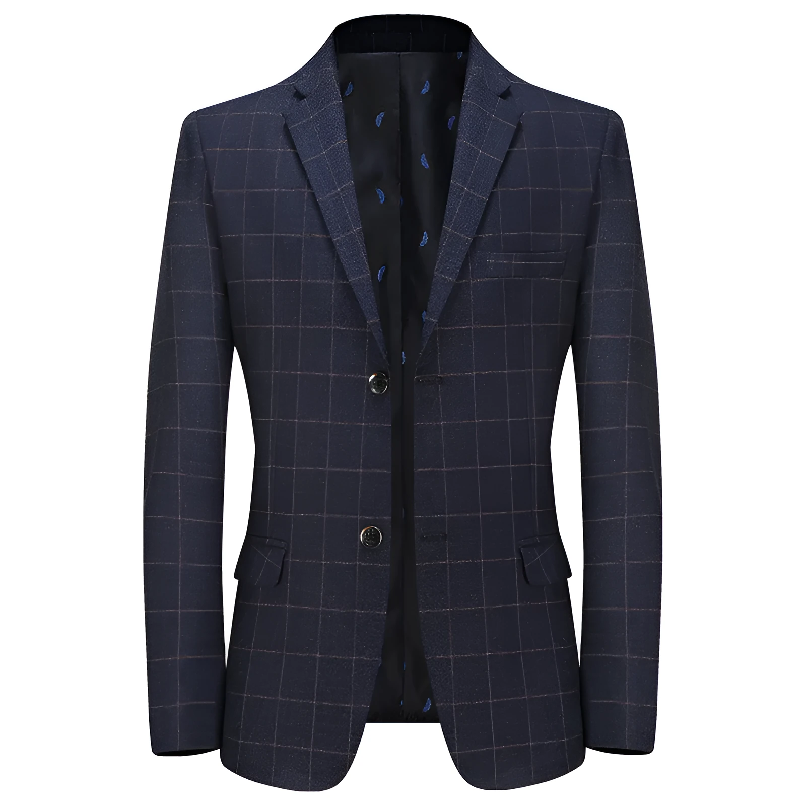 Men's plaid leisure suit coat, loose fit, dimensional patch pocket, long sleeves, blue colour, front view