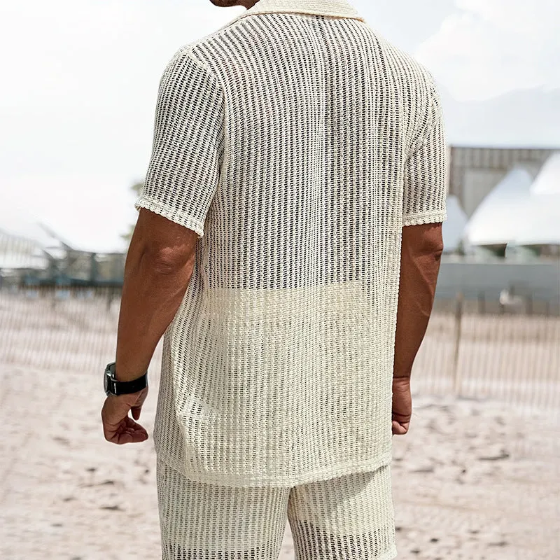 Men's light yellow retro stripe Henley shirt with cardigan lapel and short sleeves, regular fit