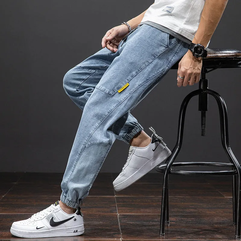 Men's loose cargo casual jeans in straight leg Korean style with micro elasticity cotton fabric