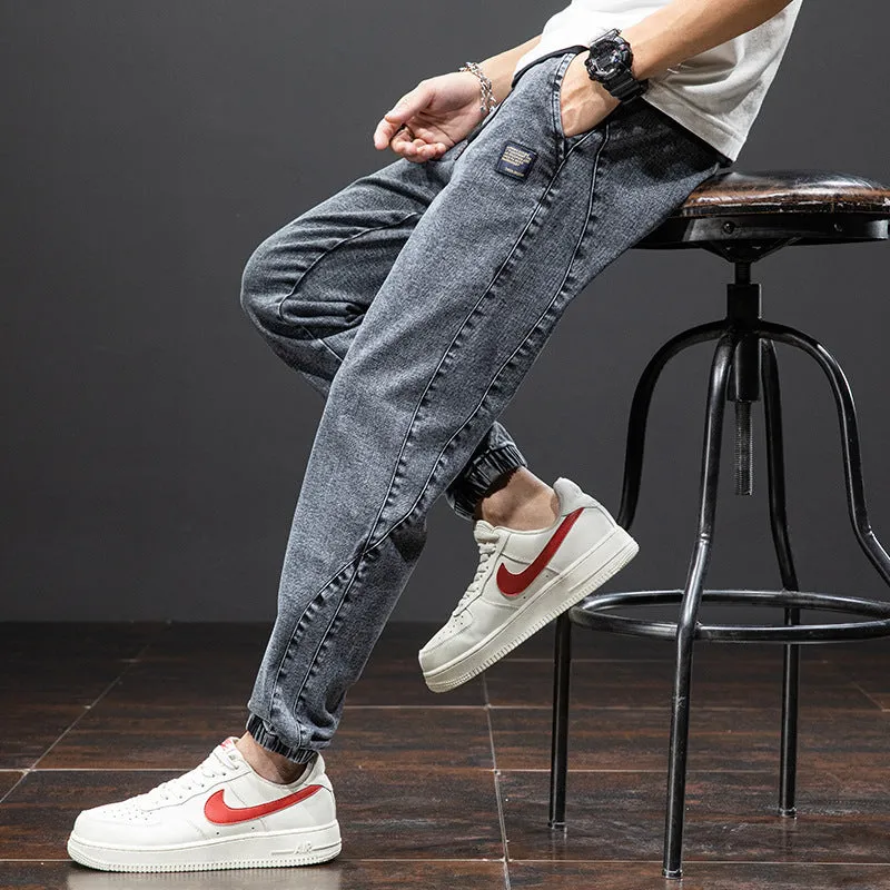 Men's loose cargo casual jeans in straight leg Korean style with micro elasticity cotton fabric