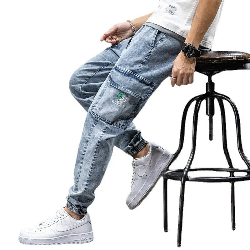 Men's loose cargo casual jeans in straight leg Korean style with micro elasticity cotton fabric