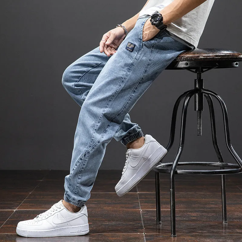 Men's loose cargo casual jeans in straight leg Korean style with micro elasticity cotton fabric