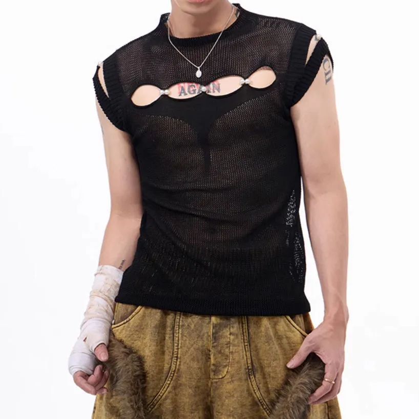 Dark hollow-out knitmesh sleeveless T-shirt with round collar, solid black colour, regular length