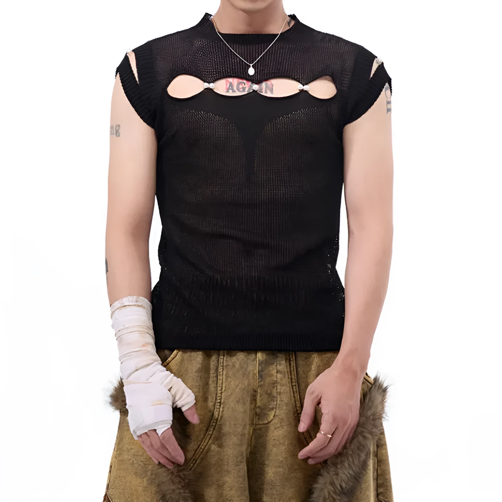 Dark hollow-out knitmesh sleeveless T-shirt with round collar, solid black colour, regular length