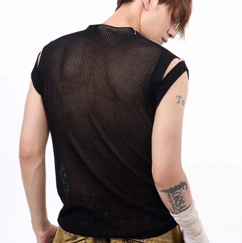 Dark hollow-out knitmesh sleeveless T-shirt with round collar, solid black colour, regular length